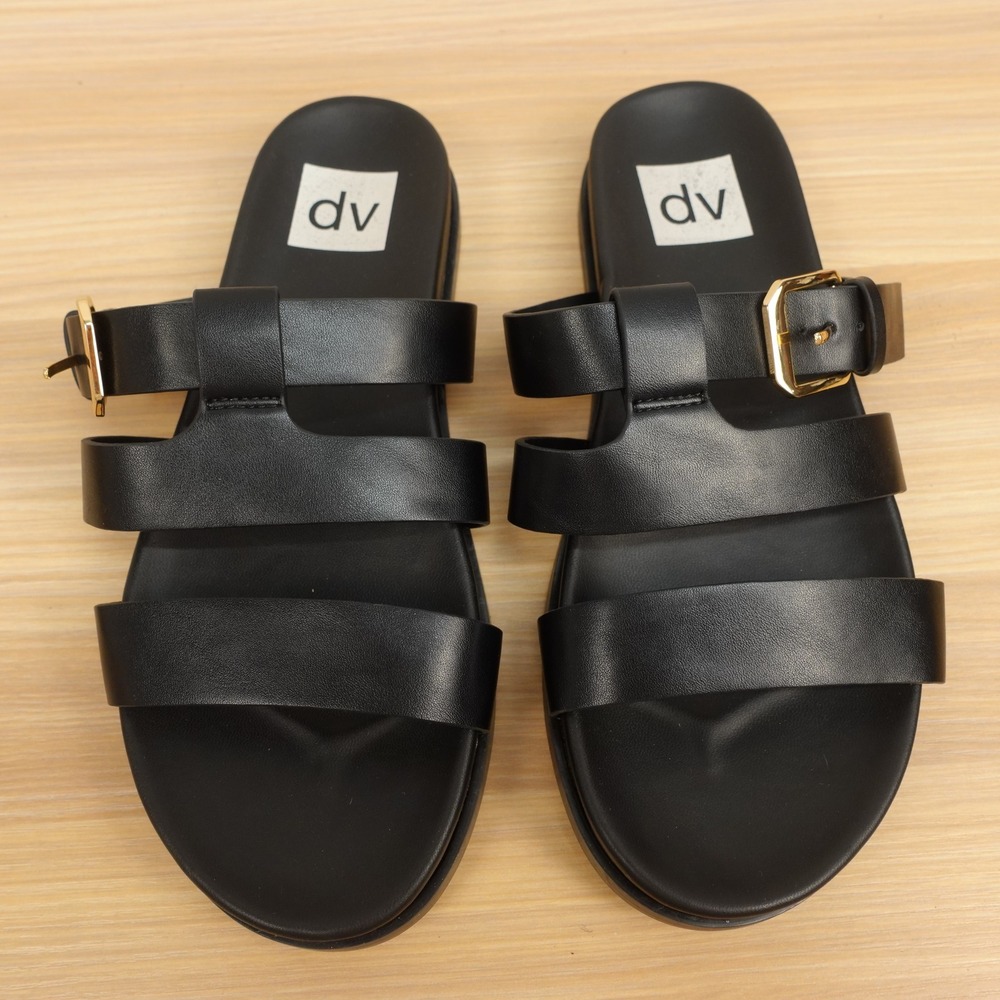 90s Minimalist Buckle Strap Sandals Women 7 Black Old Money Slides DV Dolce Vita